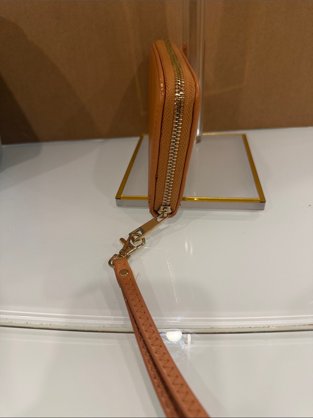 Tory Burch Caramel Tan Wristlet with Gold Logo Medallion - Picture 4 of 8